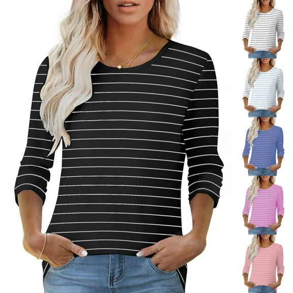 Summer Akafmk 3/4 Sleeve Shirts for Women,Summer Womens Striped T Shirts,Fashion Casual 1/2 Sleeve Print Ladies Round Neck Blouse