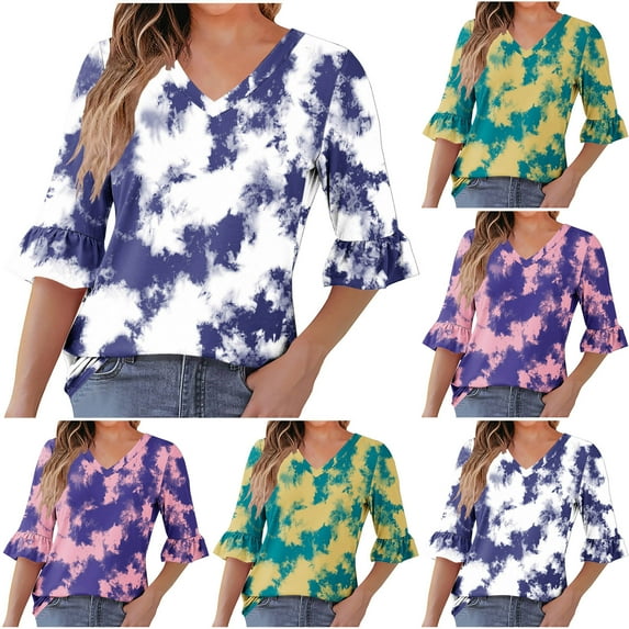 Summer Akafmk 3/4 Sleeve Shirts for Women,Summer Womens Tie-dyes Top,Casual Printed Quarter Sleeved V-neck Ruffle Top
