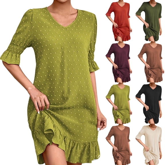 Summer Akafmk Plus Size Womens Casual Dresses,Women Solid Color Leaf Sleeve Lace Sleeve Sun Protection Ceach Cover Round Neck Dress Loose Fitting Flowy Sundress Beach Dress