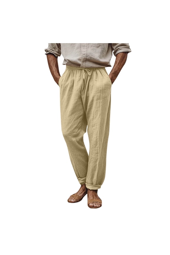 Summer Akafmk Summer Mens Casual Pants,Cotton Linen Pants for Men Loose Fitting Wide Legs Trousers Solid Color Drawstring Waisted Pants with Pockets