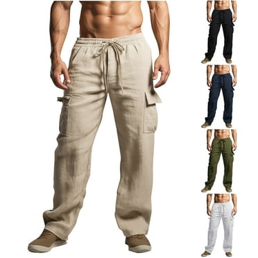 Summer Savings Akafmk Summer Mens Casual Pants, Cotton Linen Pants for Men Loose Fitting Wide Legs Trousers Solid Color Drawstring Waisted Pants with Pockets
