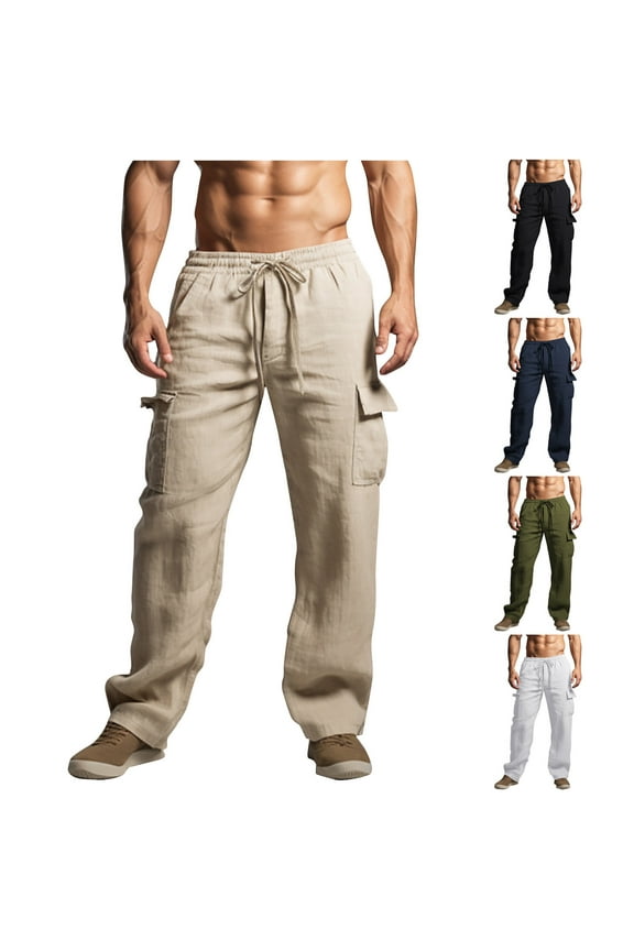 Summer Akafmk Summer Mens Casual Pants,Cotton Linen Pants for Men Loose Fitting Wide Legs Trousers Solid Color Drawstring Waisted Pants with Pockets