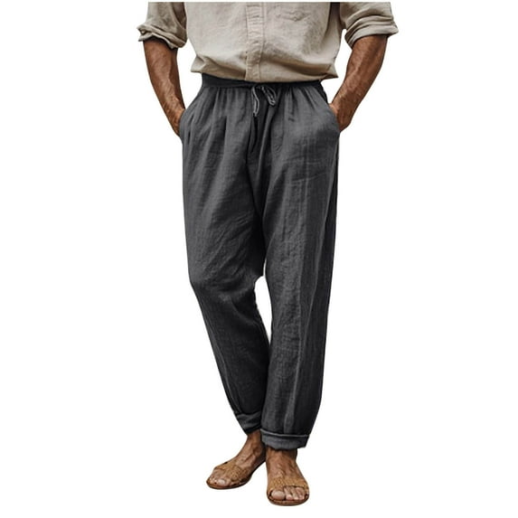 Summer Savings Akafmk Summer Mens Casual Pants, Cotton Linen Pants for Men Loose Fitting Wide Legs Trousers Solid Color Drawstring Waisted Pants with Pockets