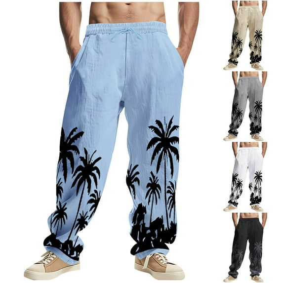 Summer Savings Akafmk Summer Mens Casual Pants, Cotton Linen Pants for Men Hawaiian Print Elastic Waist Lightweight Trousers Straight Leg Beach Pants
