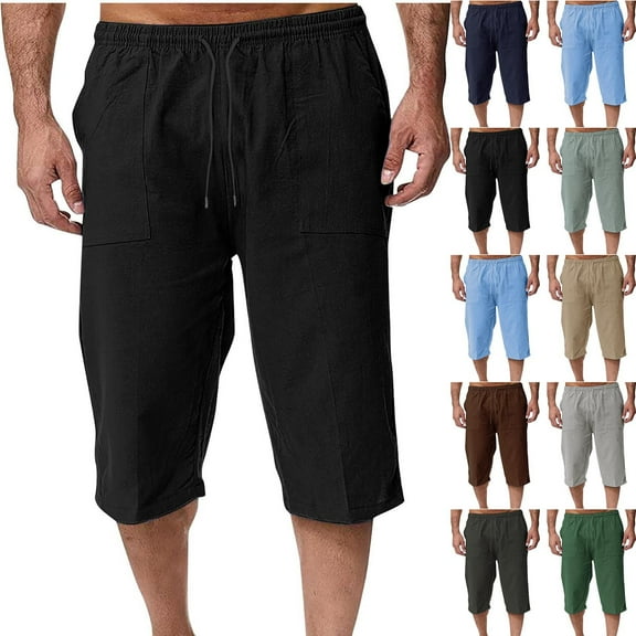 Summer Akafmk Summer Mens Cotton Linen Shorts,Plus Size Mens Casual Shorts,Men's Loose Casual Solid Color Drawstring Cotton and Linen 3/4 Quarter Waistband Pocket
