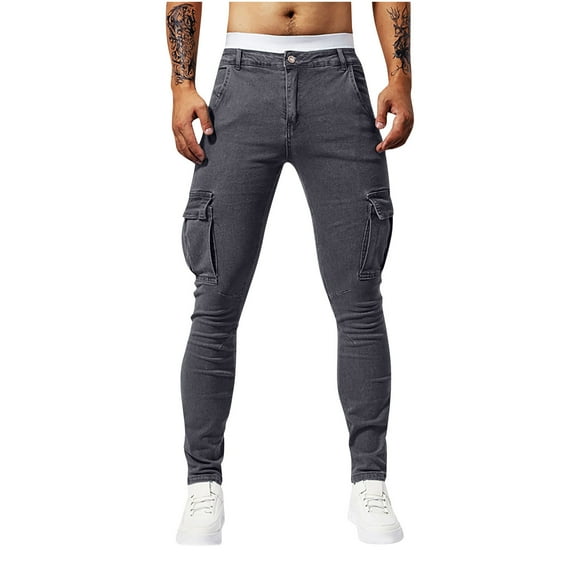 Summer Akafmk Summer Mens Jeans,Casual Denim Pants for Men Fashion Solid Color Skinny Slim Fits Stretch Cargo Pants with Pockets
