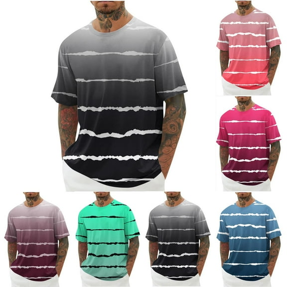 Summer Akafmk Summer Mens T-Shirts,Mens Workout Shirts,Men Fashion Casual Stripe Print Sports Short Sleeve Round-Neck Blouses Shirts T-shirt
