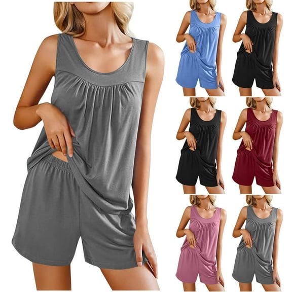 Summer Akafmk Summer Pajama Sets for Womens 2 Piece Lounge Sleepwear,Round Neck Sleeveless Pleated Blouses Tops and Wide-Leg Shorts Solid Color Women Sets Clothing Outfit