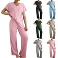 thumbnail image 1 of Summer Akafmk Summer Pajama Sets for Womens 2 Piece Lounge Sleepwear,V-Neck Short Sleeve Blouses Tops and Wide-Leg Long Pants Solid Color Women Sets Clothing Outfit, 1 of 4