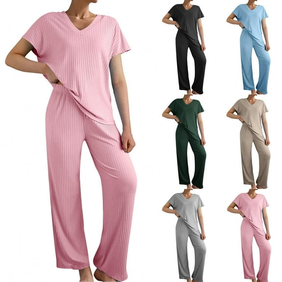 Summer Akafmk Summer Pajama Sets for Womens 2 Piece Lounge Sleepwear,V-Neck Short Sleeve Blouses Tops and Wide-Leg Long Pants Solid Color Women Sets Clothing Outfit