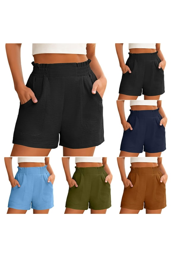 Summer Akafmk Summer Womens Shorts,Women Casual Shorts,Women's Shorts Casual Flowy Linen High Waist Drawstring Elastic Pockets