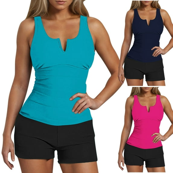 Summer Akafmk Tankini Swimsuits for Women Fashion Solid Color Swim Tops with High Waisted Boyshorts Two Piece Bathing Suits Comfortable Athletic Swimwear,Sizes S-2XL