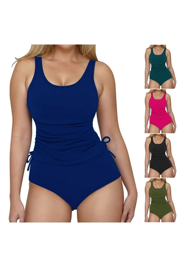 Summer Akafmk Tankini Swimsuits for Women Two Piece Bathing Suits Fashion Solid Color Swim Tops with Swim Brief Comfortable Athletic Swimwear,Sizes S-2XL