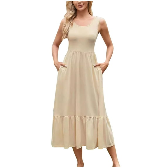 Summer Akafmk Women Maternity Dress,Plus Size Womens Casual Dresses,Fashion Women Summer Casual Round-Neck Solid Sleeveless Mid Calf Dress Loose Fitting Flowy Sundress Beach Dress