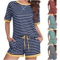 thumbnail image 1 of Summer Akafmk Women's Summer 2 Piece Outfits Lounge Sets,Round Neck Short Sleeve T-Shirts and Wide-Leg Shorts with Pockets Stripe Color Women Sets Clothing Outfit, 1 of 3