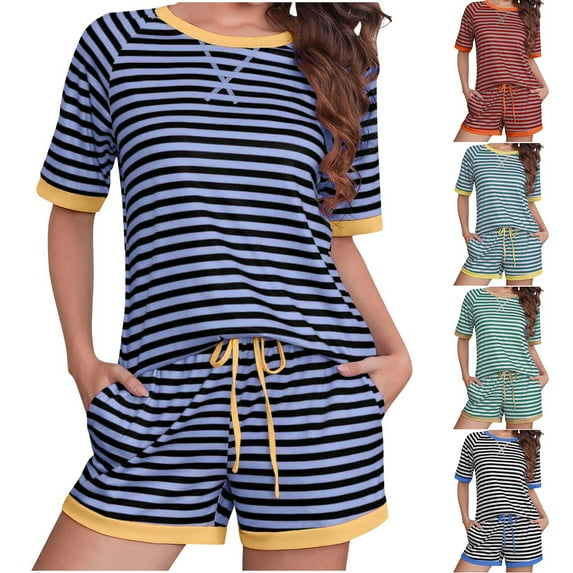 Summer Akafmk Women's Summer 2 Piece Outfits Lounge Sets,Round Neck Short Sleeve T-Shirts and Wide-Leg Shorts with Pockets Stripe Color Women Sets Clothing Outfit