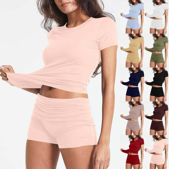Summer Akafmk Women's Summer 2 Piece Outfits Lounge Sets,Round Neck Short Sleeve T-Shirts and Wide-Leg Shorts Solid Color Women Sets Clothing Outfit
