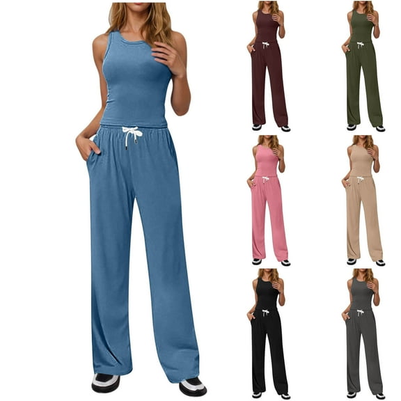 Summer Akafmk Women's Summer 2 Piece Outfits Lounge Sets,Round Neck Sleeveless T-Shirts and Wide-Leg Long Pants with Pockets Solid Color Women Sets Clothing Outfit