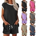 thumbnail image 1 of Summer Akafmk Women's Summer 2 Piece Outfits Lounge Sets,Round Neck Sleeveless T-Shirts and Wide-Leg Shorts with Pockets Solid Color Women Sets Clothing Outfit, 1 of 3