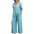 thumbnail image 1 of Summer Akafmk Womens Two Piece Sets,Womens Two Linen Set,Turndown Collar Buttons Up Short Sleeve Shirts and Wide-Leg Long Pants Solid Color Women Sets Clothing Outfit, 1 of 4