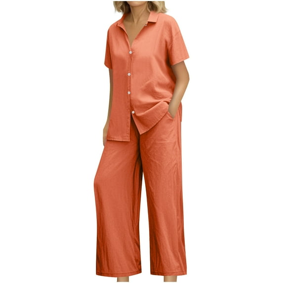 Summer Akafmk Womens Two Piece Sets,Womens Two Linen Set,Turndown Collar Buttons Up Short Sleeve Shirts and Wide-Leg Long Pants Solid Color Women Sets Clothing Outfit