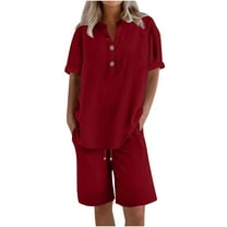 Summer Akafmk Womens Two Piece Sets,Womens Two Linen Set,V-Neck Buttons Up Short Sleeve Blouses Tops and Wide-Leg Shorts Solid Color Women Sets Clothing Outfit