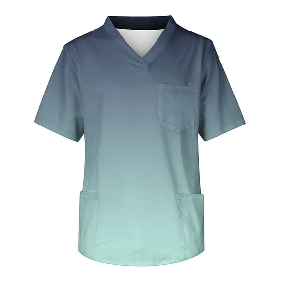 Aofany Women Nursing Scrub Tops Gradient Printed Working Uniform V Neck Short Sleeve Workwear Blouse T-shirt with Pockets