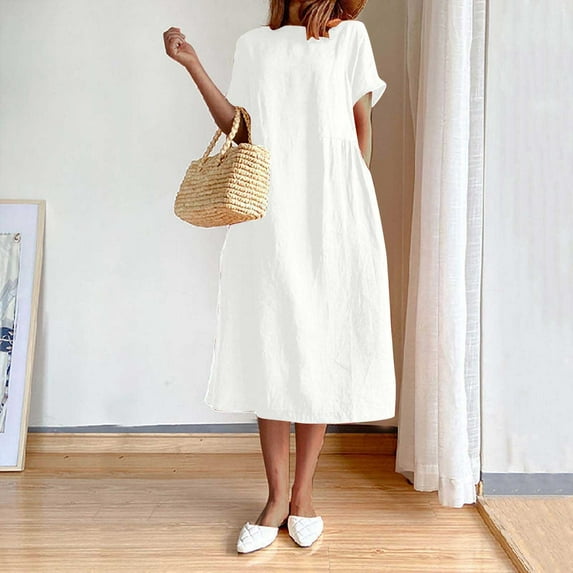 Summer Savings! Ashirexll Summer Dress Womens Summer Fashion Solid Color Round Neck Short Sleeve Cotton Linen Dress Long Skirts for Women White 3XL