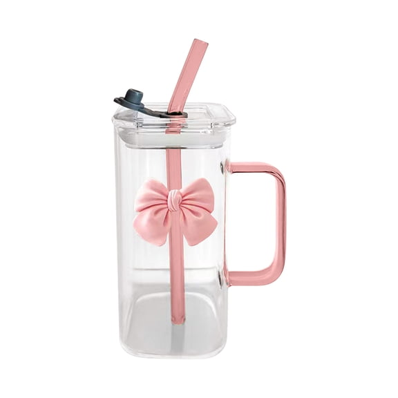 Summer Savings! Avtoify Transparent Square Glass Cup with Knot Handle and Straw for Coffee and Milk 400ml