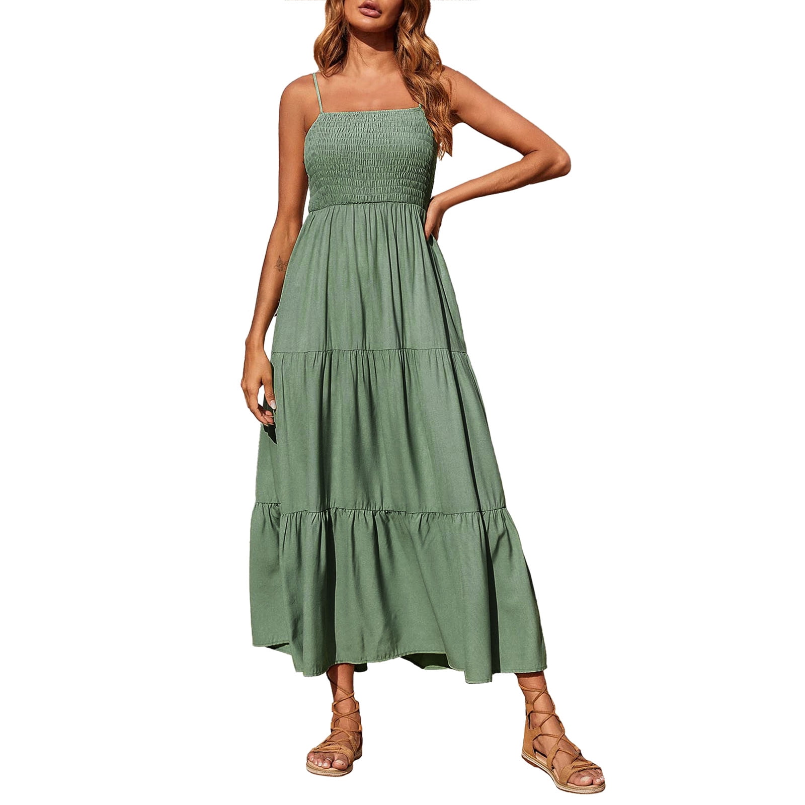 Sea Green Shoulder Straps Gathered Smocked Maxi Dress