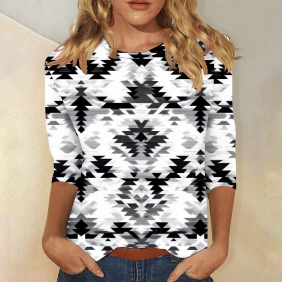 Cagogo Dressy Casual Blouses for Womens Summer Spring Tops Under $5 Aztec Western 3/4 Sleeve Vintage Crew Neck Ethnic Style Tshirts Shirts Going Out Black Tunics Outfits
