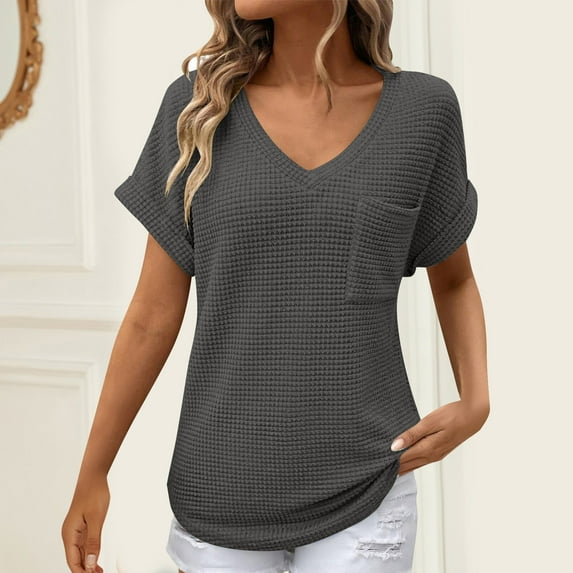 Cagogo Dressy Casual V Neck Tunic Tops for Women Under $5 Summer Waffle Knit Short Sleeve T Shirt 2025 Vacation Green Tunics Outfits Birthday Gift