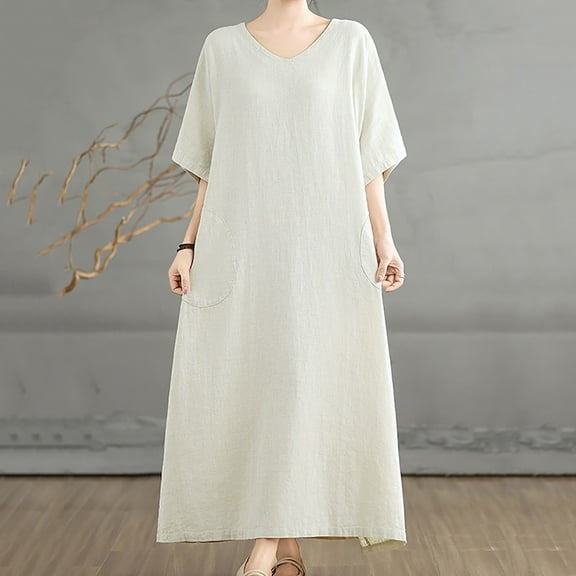 Cagogo Graduation Dresses for Women Summer Under $10 Casual Loose V Neck Tunic Linen Cotton Short Sleeve Flowy Swing Tshirt Maxi Long Aline Dress Elegant Black Evening Dress