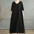thumbnail image 1 of Cagogo Ladies Plus Size Linen Cotton Short Sleeve Wedding Guest Dresses Under $5 Summer V Neck Tunic Flowy Swing Tshirt Maxi Long Aline Sundress Sexy Black Work Dresses, 1 of 9