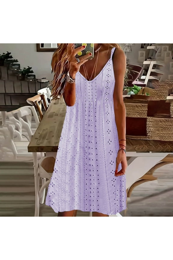Ladies Summer Spaghetti Strap Petite Dresses Under $10 Plus Size Flowy Swing Eyelet Embroidery Short Mini Sun Dresses Sleeveless V Neck Trendy Outfits Evening Dress