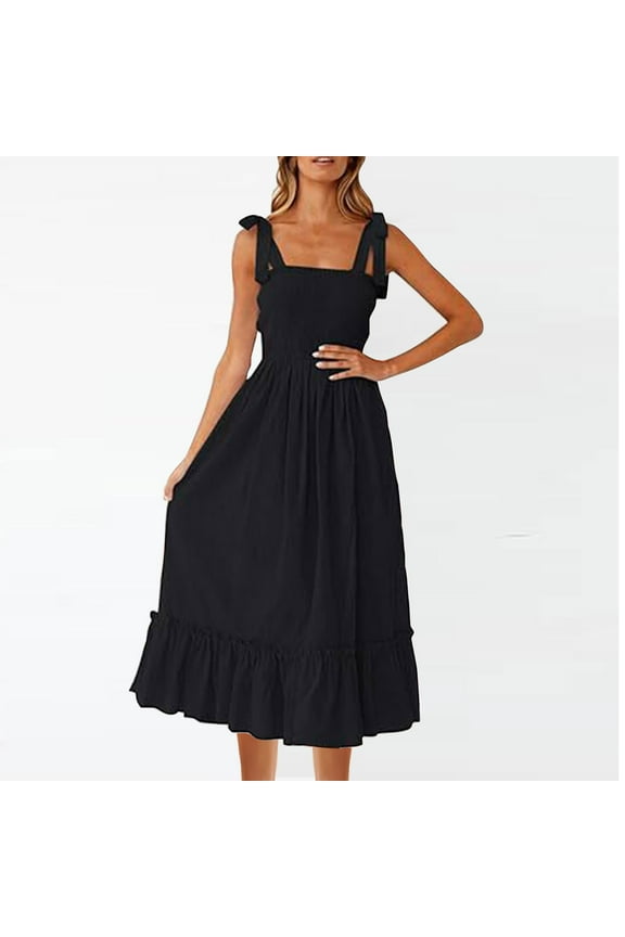 Ladies Summer Spring Smocked A-Line Flowy Tiered Long Maxi Pleated Sun Dresses Wedding Guest Dresses Plus Size Sleeveless Tie Strap Square Neck Going Out White Church Dress