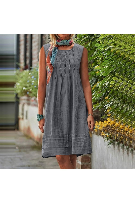 Petite Dresses for Women Summer Under $5 Casual Loose Crew Neck Cap Sleeve Pleated Aline Tunic Cotton Linen Midi Dress Holiday Outfits Western Dress