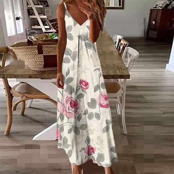 Cagogo Petite Dresses for Womens Summer Casual V Neck Sexy Spaghetti Straps Sleeveless Flowy Swing A Line Maxi Long Floral Sun Dress Hide Belly Vestidos Casuales Para Mujer