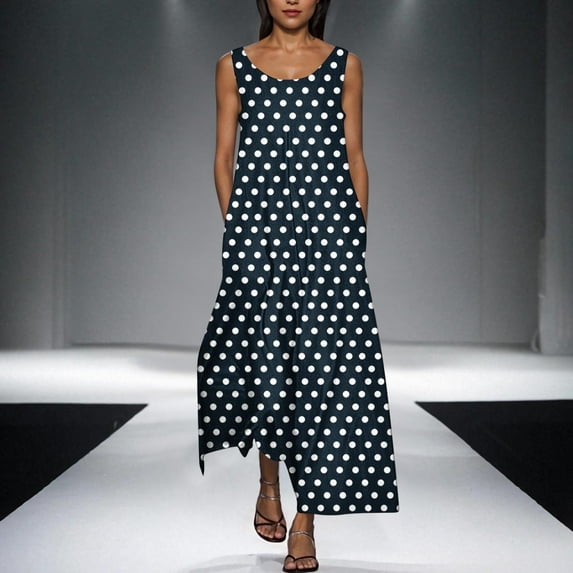 Cagogo Summer Polka Dots Flowy Swing Maxi Long Aline Sun Dresses for Womens Homecoming Dresses Under $10 Casual 2025 Sleeveless Round Neck Holiday Outfits Evening Dress