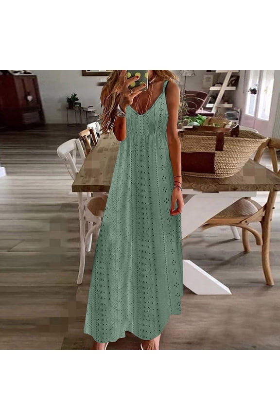 Summer Spring Eyelet Embroidery Maxi Long Sundresses for Womens Casual 2025 Spaghetti Strap Sleeveless V Neck Wedding Guest Dresses Flowy Swing Hide Belly Bridal Shower Dresses
