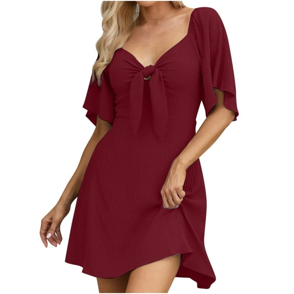 Cagogo Summer Spring Short Sleeve Vacation Dresses for Women Under $10 Plus Size High Waist A-Line Flowy Short Mini Sun Dresses Bow Tie V Neck Boho White Funaral Dresses