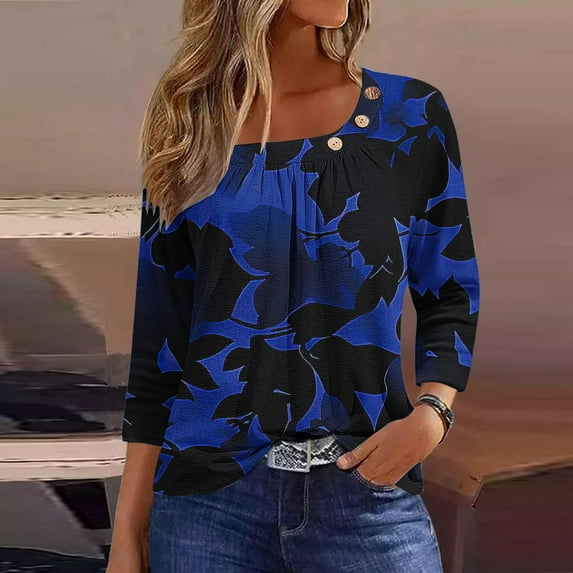 Cagogo Women 3/4 Sleeves Tops Summer Under $5 Dressy Casual Asymmetrical Neck Button Vintage Floral T Shirts Cute Clothing Birthday Gifts