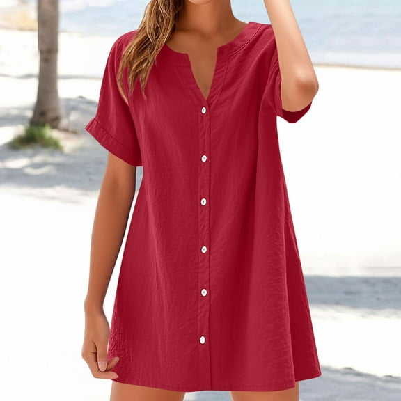 Cagogo Women Beach Dresses Summer Under $5 Plus Size Button Down V Neck Short Sleeve Cotton Linen Aline Tunic Short Mini Flowy Tshirt Sun Dresses Trendy Outfits Shirt Dresses