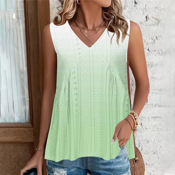 Cagogo Women Sleeveless Embroidered Eyelet Tank Tops Under $10 Cute Beach Country Flowy V Neck Ombre Camis Shirt Plus Size Basic Tunic Tops Valentines Day Gifts