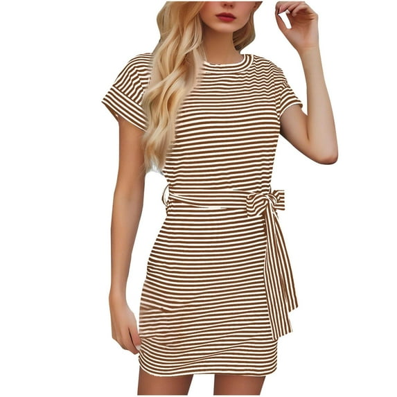 Cagogo Women Summer Casual Loose Short Mini T Shirt Dress Under $10 Short Sleeve Tie Waist Striped Beach Party Dress Crewneck Hide Belly Evening Dress Mother Day Gifts