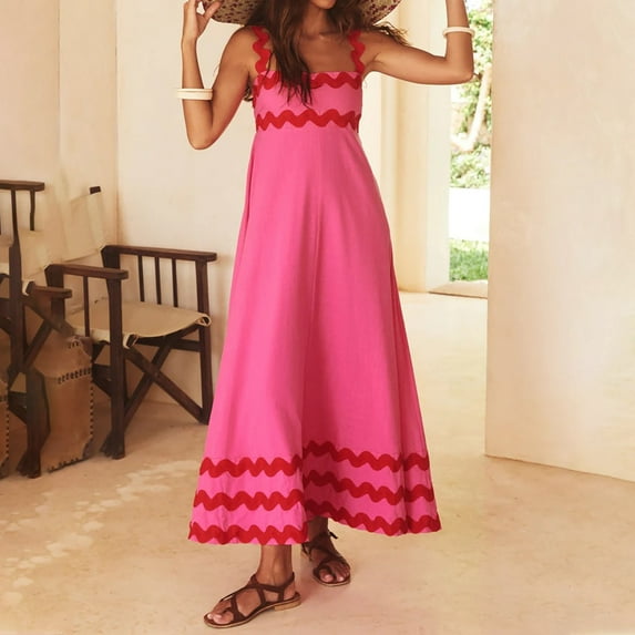 Cagogo Women Summer Plus Size Flowy Maxi Long Dress Under $5 Sleeveless Spaghetti Strap Striped Tiered Swing Aline Homecoming Dresses Square Neck Holiday Outfits Work Dresses