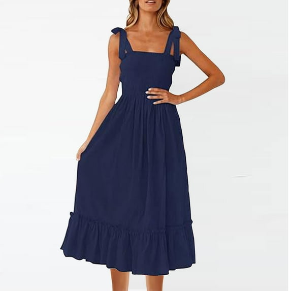 Cagogo Women Summer Spring Sleeveless Tie Strap Graduation Dresses Casual 2025 Smocked A-Line Flowy Tiered Long Maxi Pleated Sun Dresses Square Neck Trendy Outfits Funaral Dresses