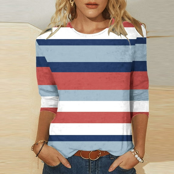 Cagogo Women Tops Summer Under $5 Plus Size Crew Neck 3/4 Sleeve Striped Color Block Blouses Trendy Summer Green Tee Blouse Mothers Day Gifts for Mom