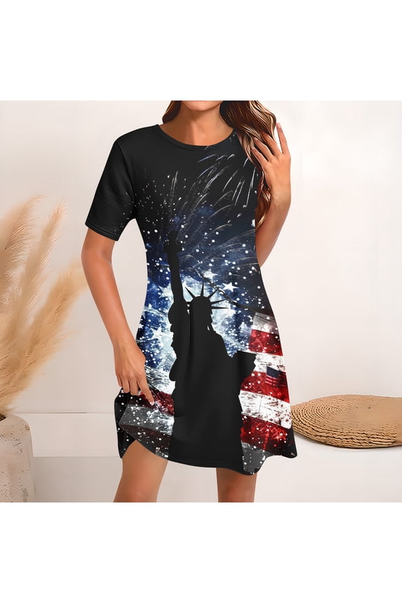 Women's Summer Casual 4th of July Midi Sun Dresses Under $5 Fourth of July American Flag Vacation Dresses Patriotic Short Sleeve Sexy Black Evening Dress