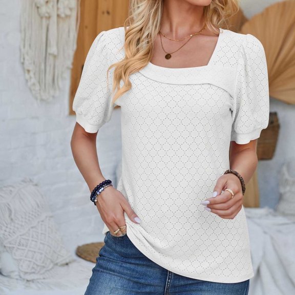 Cagogo Women's Summer Short Sleeve Asymmetrical Neck Blouses Under $5 Casual Eyelet Embroidery Tops Going Out White Blouses Clothes Birthday Gift